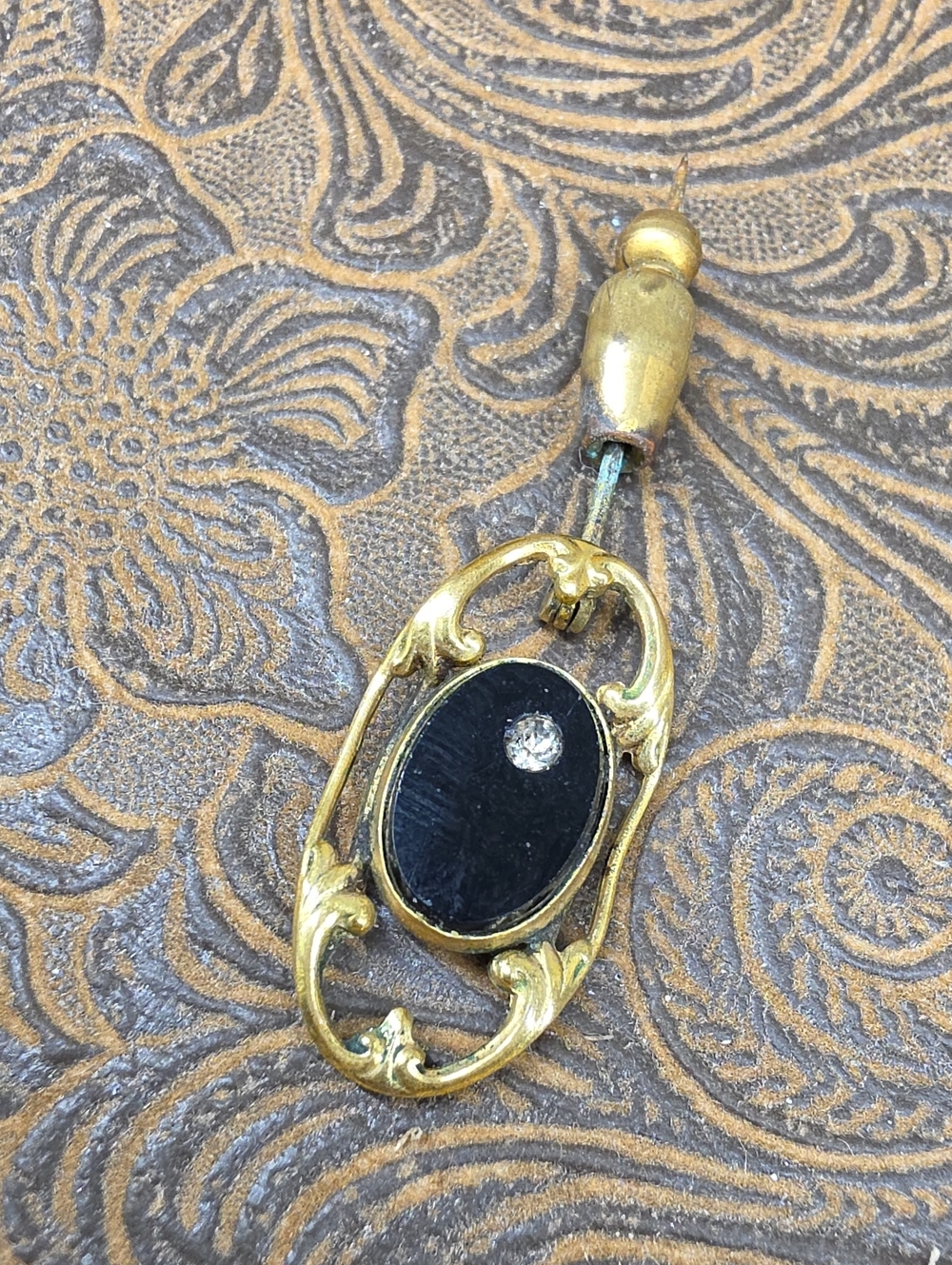 Vintage Victorian Gold Black Oval Clear Accent Marked 13009 Stick Pin